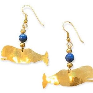 Vintage 14k gold plated genuine lapis whale earrings